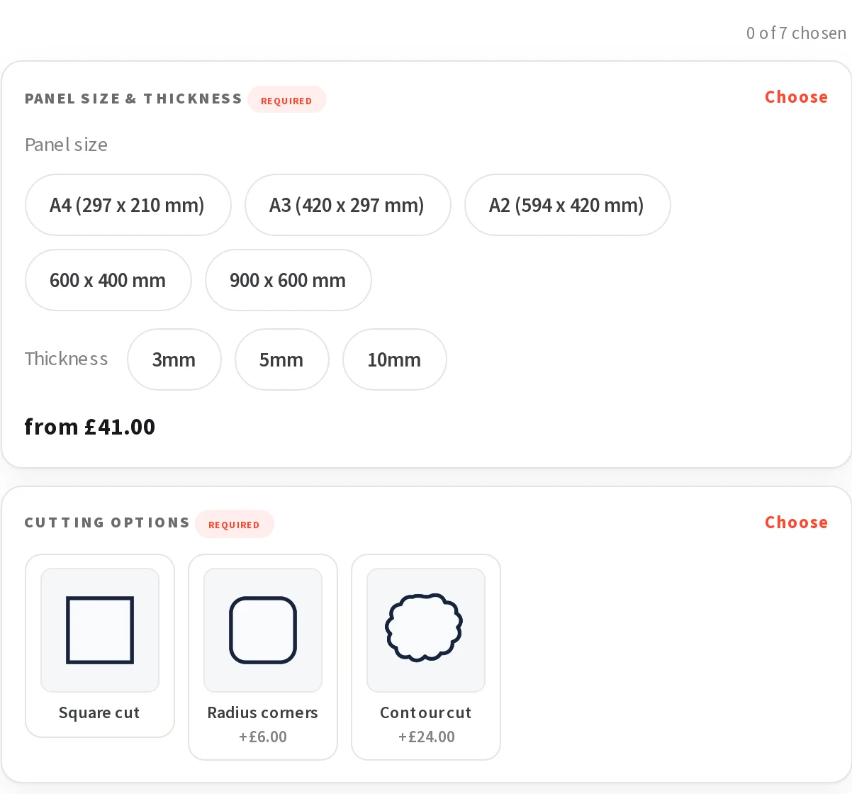 Made-to-measure acrylic options: five panel sizes, three thicknesses and priced cutting options