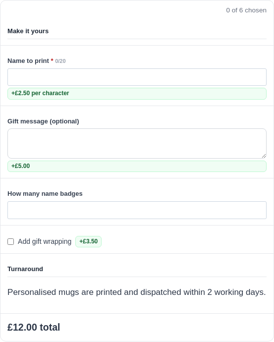 A product page with fill-in fields: a name to print, a gift message, a number, and a gift wrapping tick box