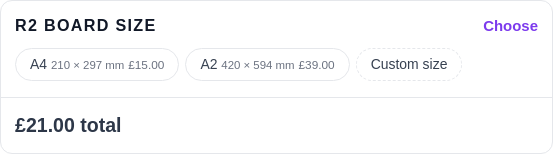 A measured product on its page: size inputs the customer types into, with the price following the entered dimensions