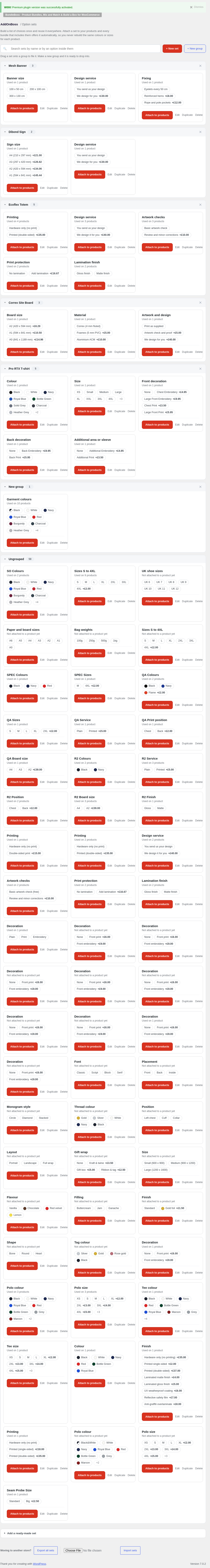 The Option Sets library page showing saved sets as cards with their options and prices