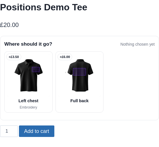 A product page asking where the design should go, with two position tiles, Left chest and Full back, each showing the garment photo with the print spot marked and its price