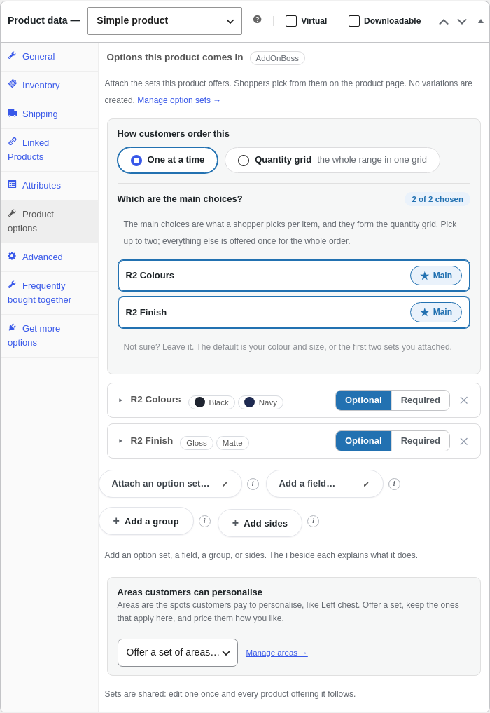The Product Options panel on a product edit screen: attached sets with Optional and Required toggles, an add bar, and an areas card