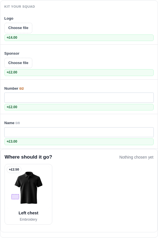 A quantity grid on a product page: colours against sizes, a quantity box in each cell, with a running total
