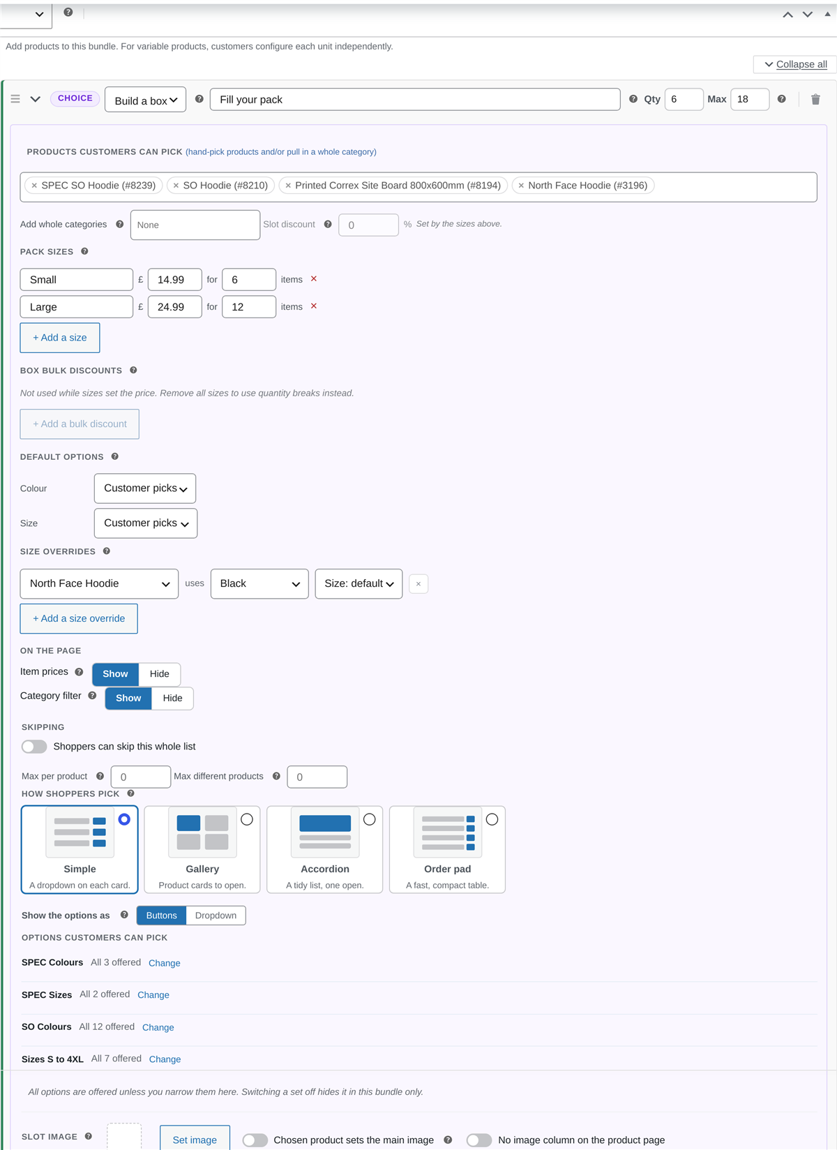 The build-a-box setup panel in BundleBoss, showing the product pool, pack sizes of 6 and 12, per-product limits and the layout picker.