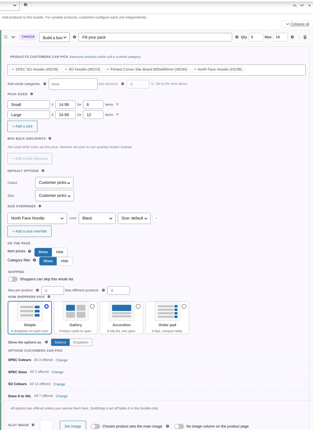 The build-a-box setup panel in BundleBoss, showing the product pool, pack sizes of 6 and 12, per-product limits and the layout picker.