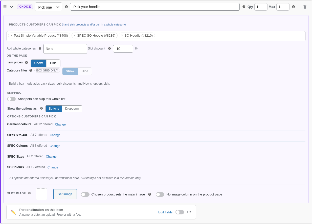 A choice slot row in the admin with a pool of products, offered-options lines and page controls