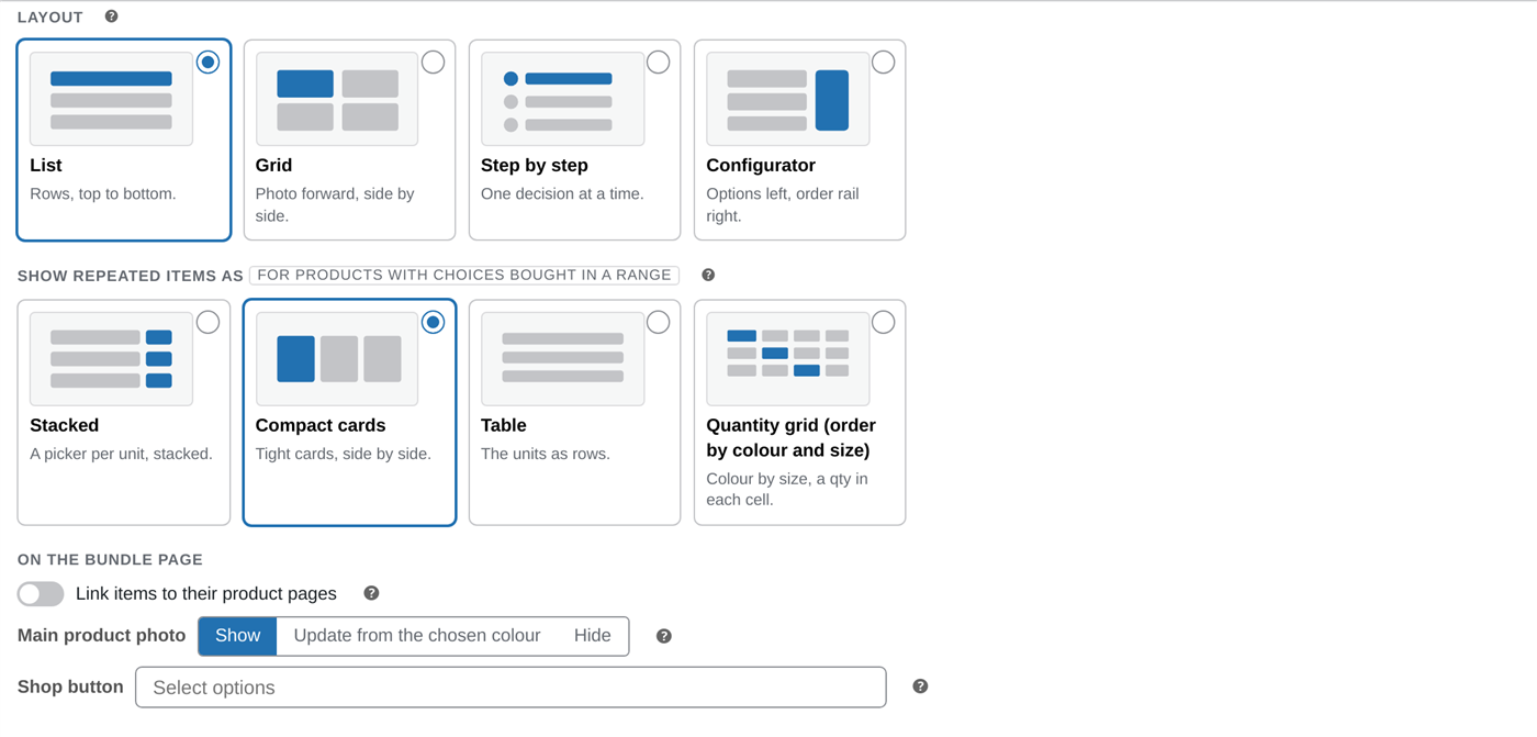 The Layout and Show repeated items as dropdowns in the bundle editor