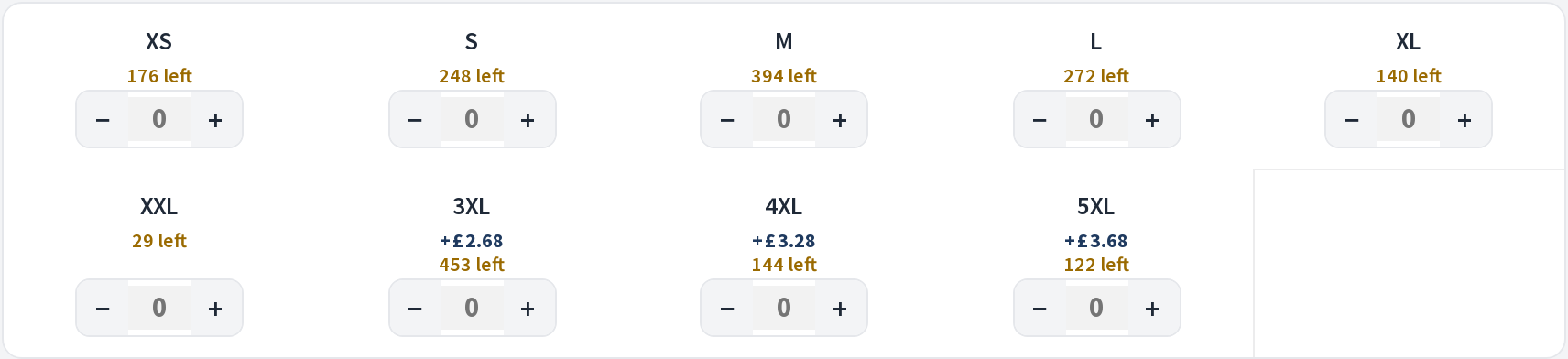 The sizes of one colour inside a bundle, each with a quantity stepper. XS to XXL show how many are left, such as 176 left. 3XL reads +£2.68 and 453 left, 4XL +£3.28 and 144 left, 5XL +£3.68 and 122 left.