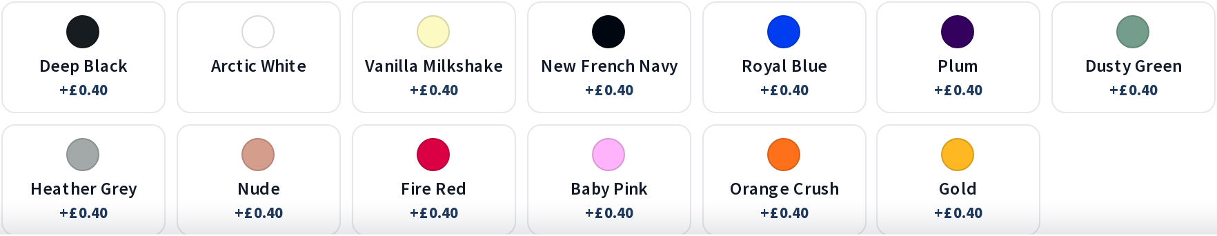 Thirteen colour tiles of a sweatshirt inside a bundle. Arctic White shows no figure; every other colour, from Deep Black to Gold, reads +£0.40.
