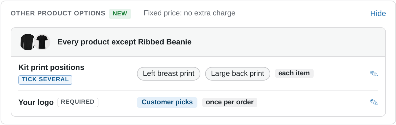 The Other product options card on a fixed-price workwear kit. The heading says Fixed price: no extra charge. Under Every product except Ribbed Beanie, Kit print positions is always added with Left breast print and Large back print, each item. Your logo is required and reads Customer picks, once per order.