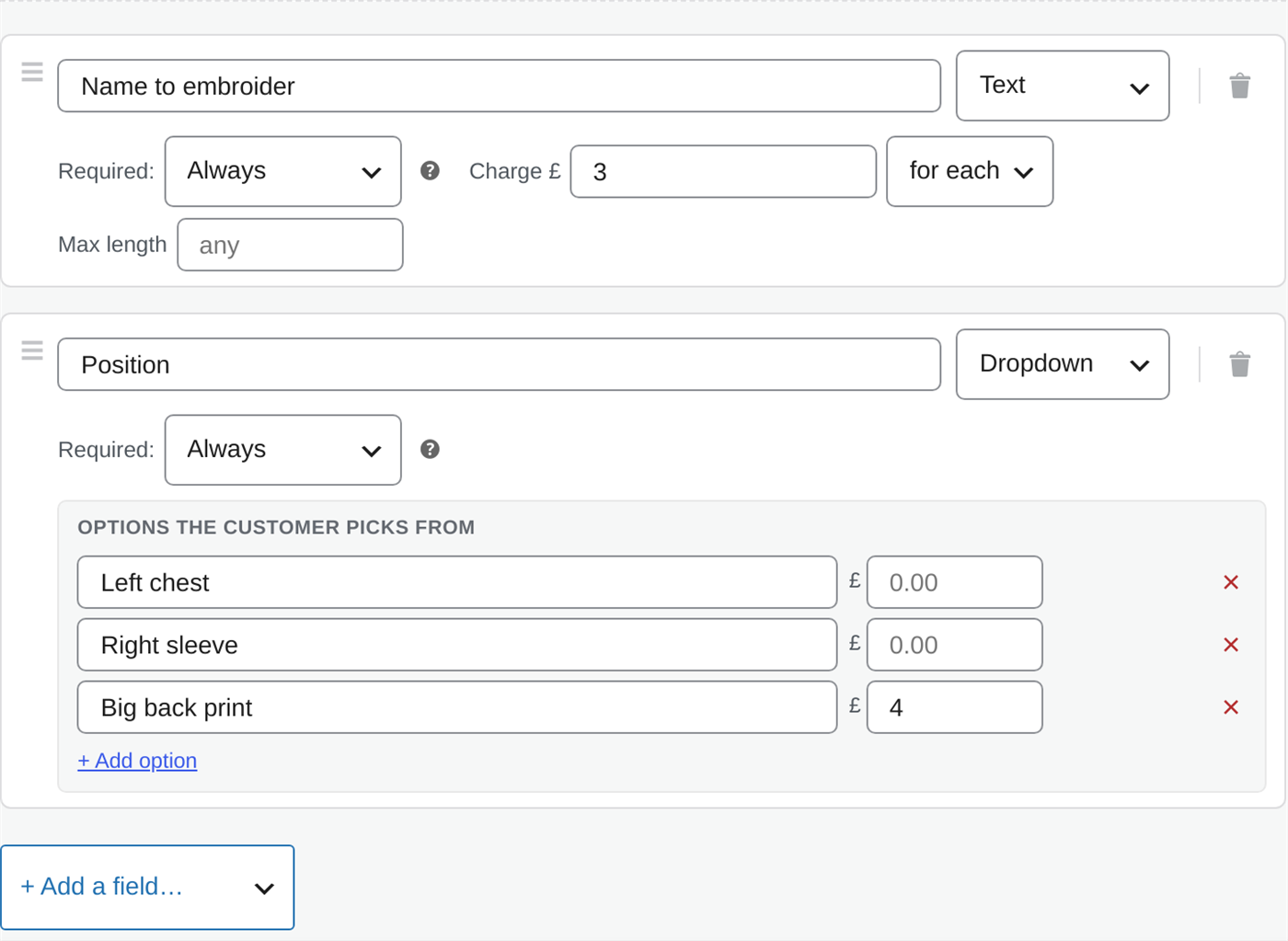 The Personalisation panel on a bundle item with several add-on fields