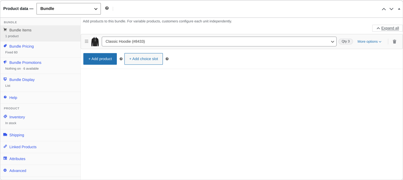 The WooCommerce Product data dropdown with Bundle selected