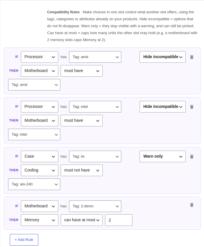 A compatibility rule built from product tags in the admin