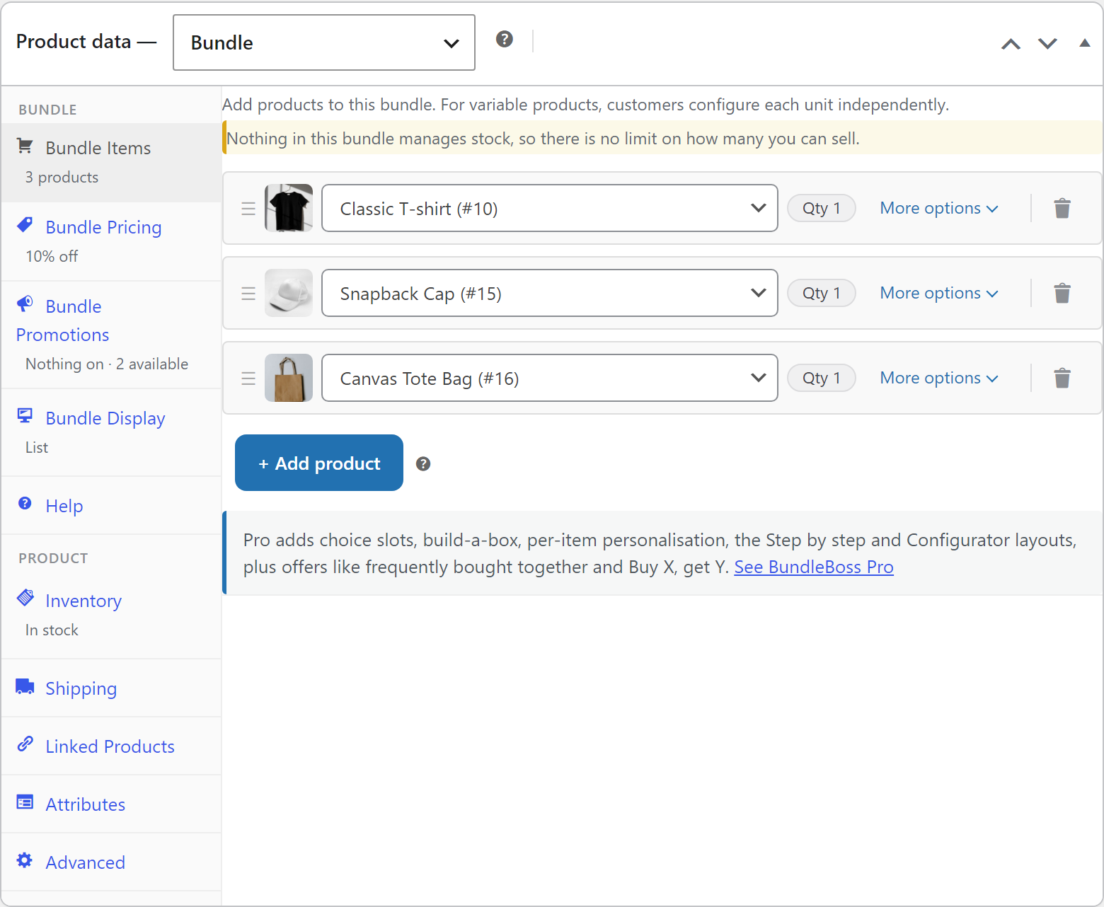 The Product data panel set to Bundle, with the tabs Bundle Items (3 products), Bundle Pricing (10% off), Bundle Promotions and Bundle Display (List), and the three products listed with their photos and Qty 1.
