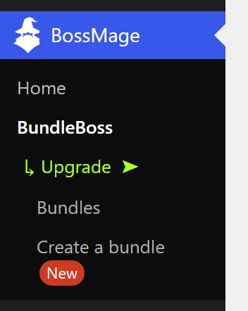 The WordPress menu open at BossMage, showing Home, BundleBoss, Upgrade, Bundles, and Create a bundle with a New badge.