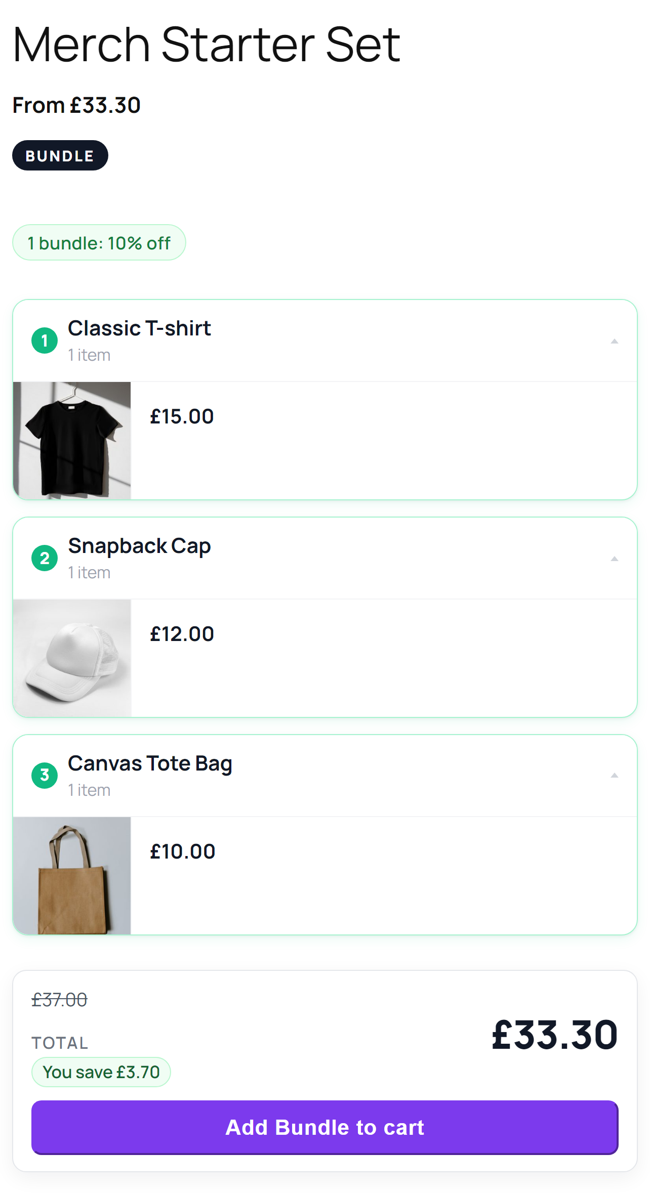 A Merch Starter Set bundle page: a Classic T-shirt at £15, a Snapback Cap at £12 and a Canvas Tote Bag at £10, each with its photo, a 10% off badge, the total struck through from £37.00 to £33.30, You save £3.70, and an Add Bundle to cart button.