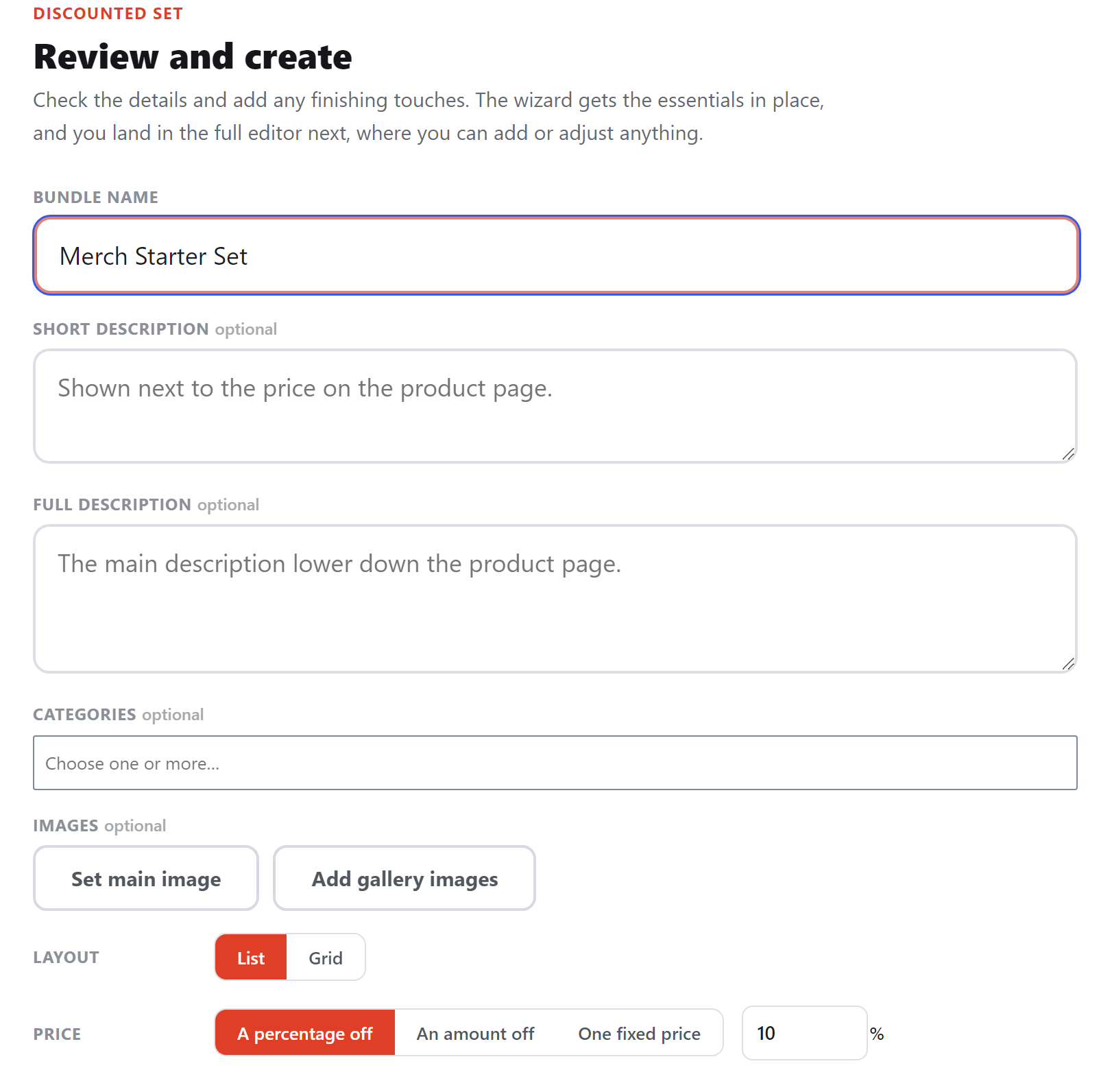 The Review and create step: the bundle name Merch Starter Set, optional descriptions and categories, Set main image and Add gallery images buttons, Layout set to List, and Price set to A percentage off at 10%.