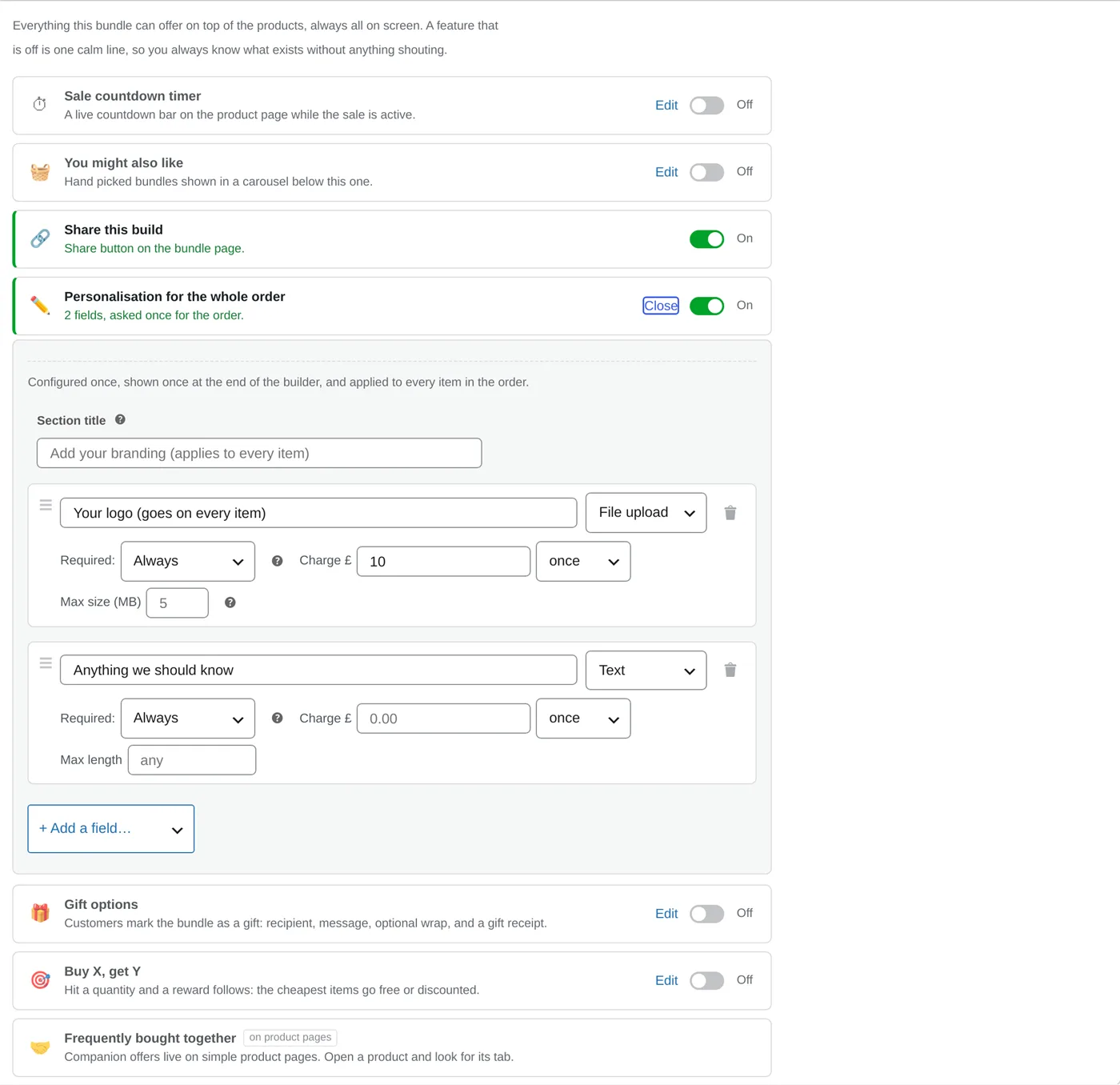 The whole-order personalisation row on Bundle Promotions with its fields editor open