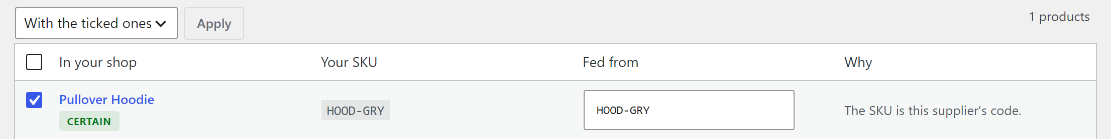 The Connect products screen: the Pullover Hoodie ticked and marked Certain, its SKU HOOD-GRY, fed from HOOD-GRY, because the SKU is this supplier's code, with the With the ticked ones menu and an Apply button above.
