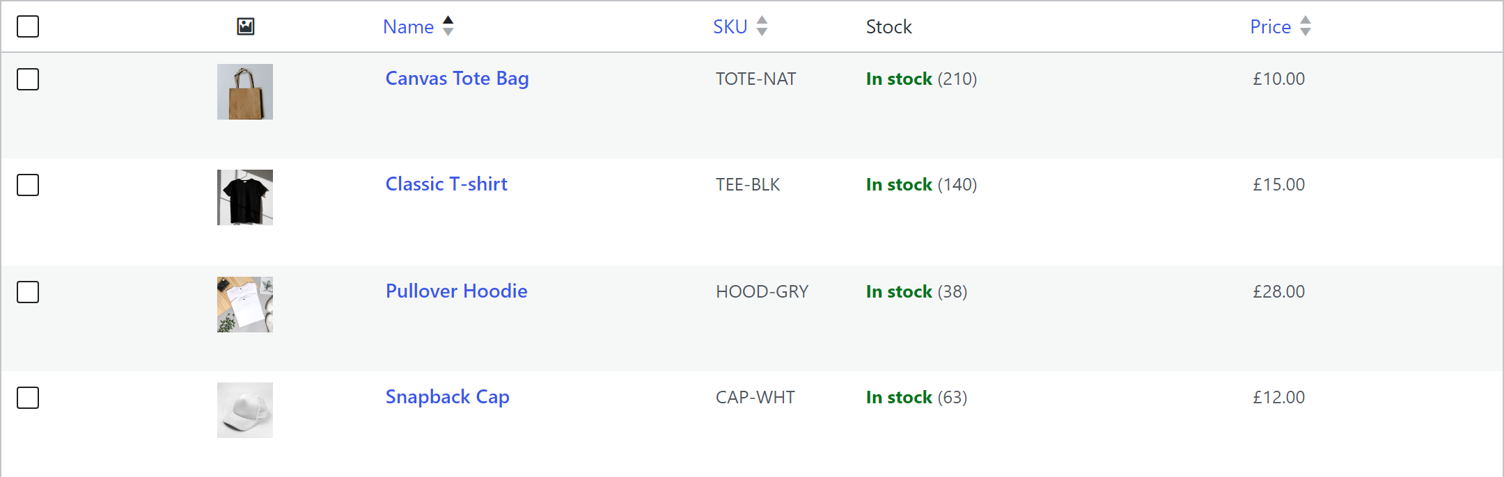 The WooCommerce products list: Canvas Tote Bag in stock (210), Classic T-shirt in stock (140), Pullover Hoodie in stock (38) and Snapback Cap in stock (63), each figure taken from the supplier's spreadsheet.